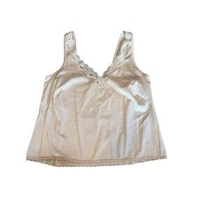 Vintage Pink Satin Nylon Camisole Top 36 Made in USA Lace Trim V-Neck Lingerie